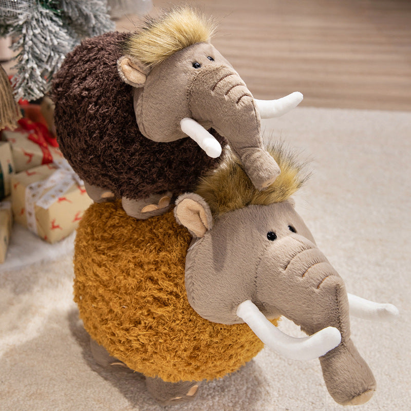 Round Woolly Mammoth Plush Cushion Toy with Curly Faux-Fur & Soft Trunk Kalsten