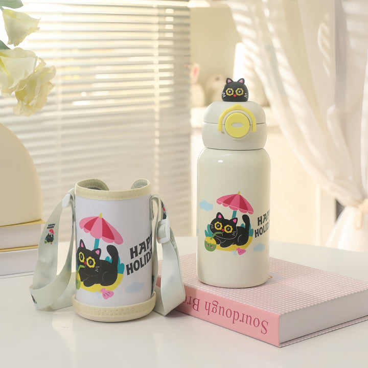 Insulated water bottle with integrated carrying strap and cute cat design Kalsten
