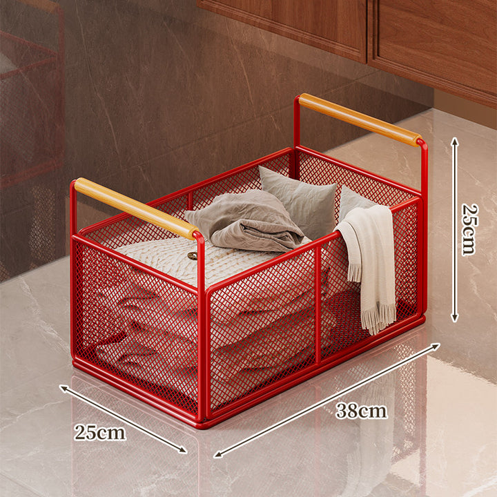 Rectangular Ventilated Metal Mesh Storage Basket with Wooden Grip Handles