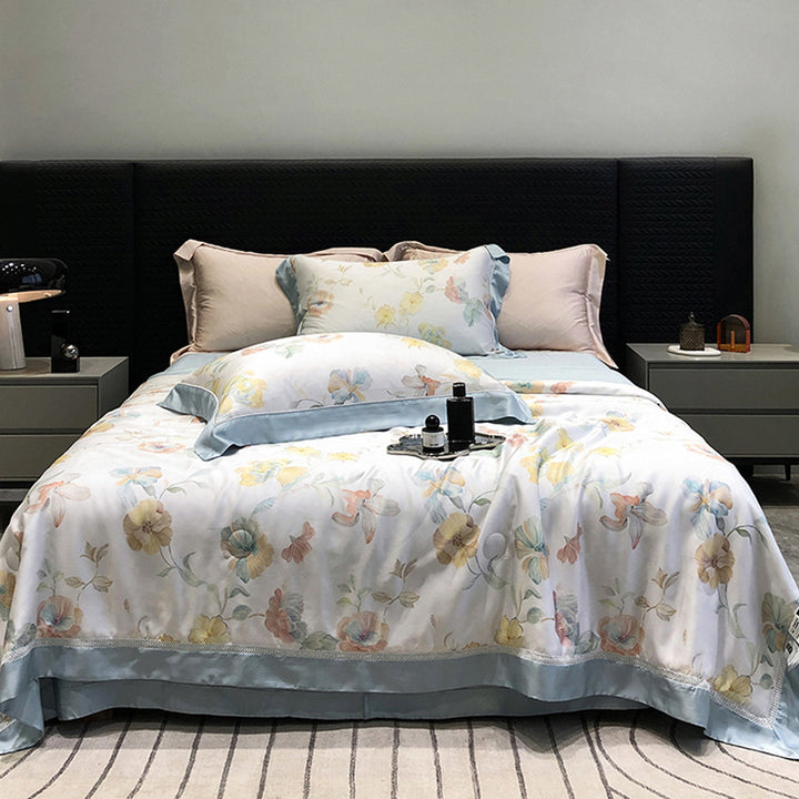 Luxurious cotton satin bedding set with floral watercolor print and fine satin trim