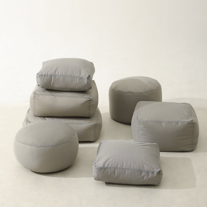 Modular floor cushion and pouf set with water-repellent microfiber cover