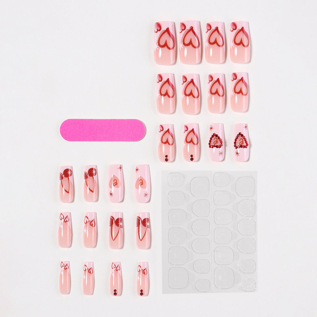 Artificial nail set with romantic heart designs and sparkling rhinestone decorations Kalsten