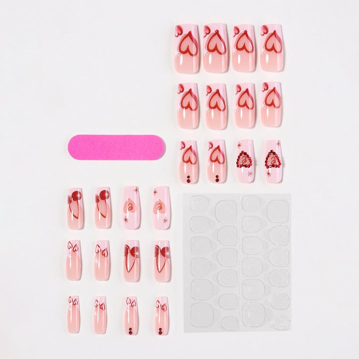 Artificial nail set with romantic heart designs and sparkling rhinestone decorations Kalsten