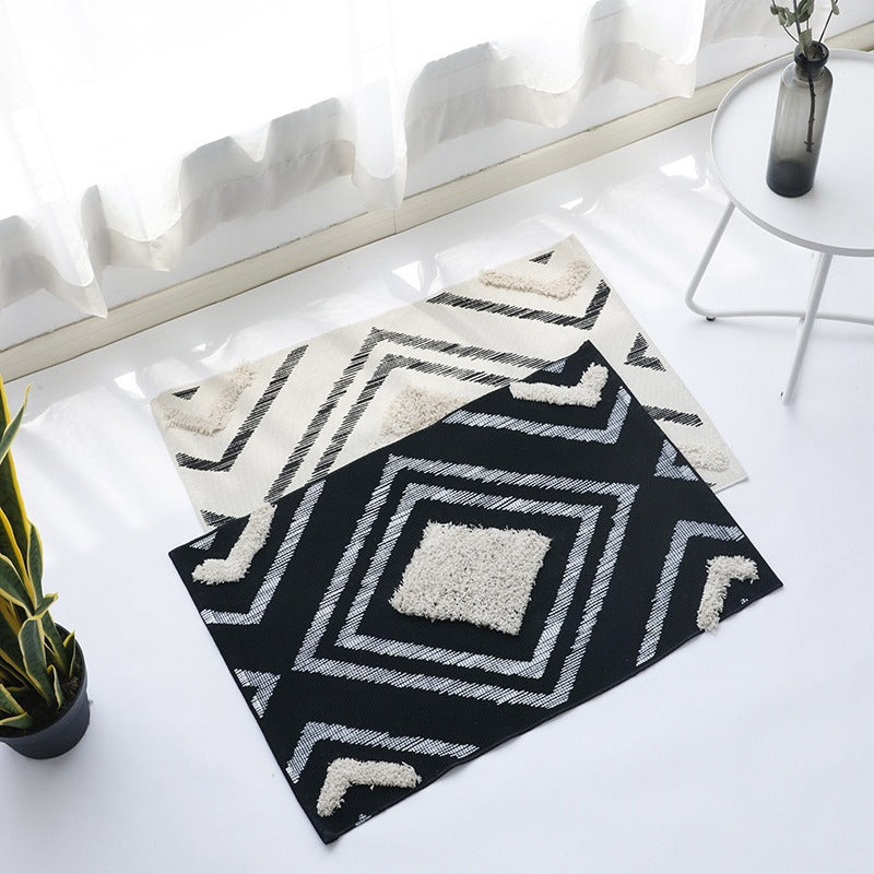 More modern flat-woven living room runner with diamond motif, low pile and contrasting tuft appliqué