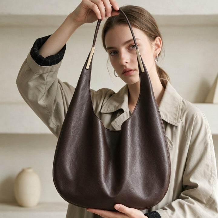 Soft Pebbled Slouch Hobo Shoulder Bag with Metal-Trim Handle