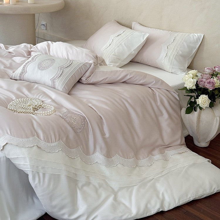 Luxurious cotton satin bedding set with embroidery and lace trim