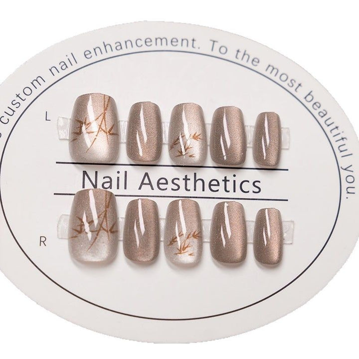 Elegant Press-On Nail Set with Artistic Bamboo Design