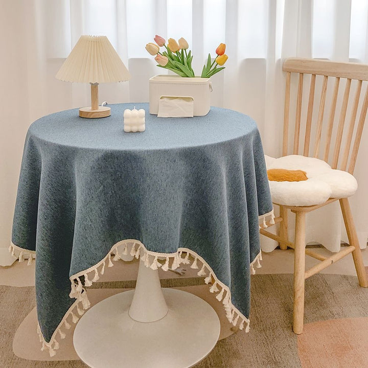 Round Textured Tassel-Trim Tablecloth with Linen-Feel Draped Finish