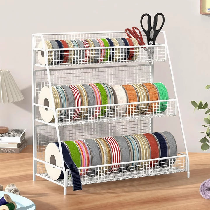 Four-Tier Angled Wire Mesh Roll Organizer Stand for Tape Ribbon and Craft Spools