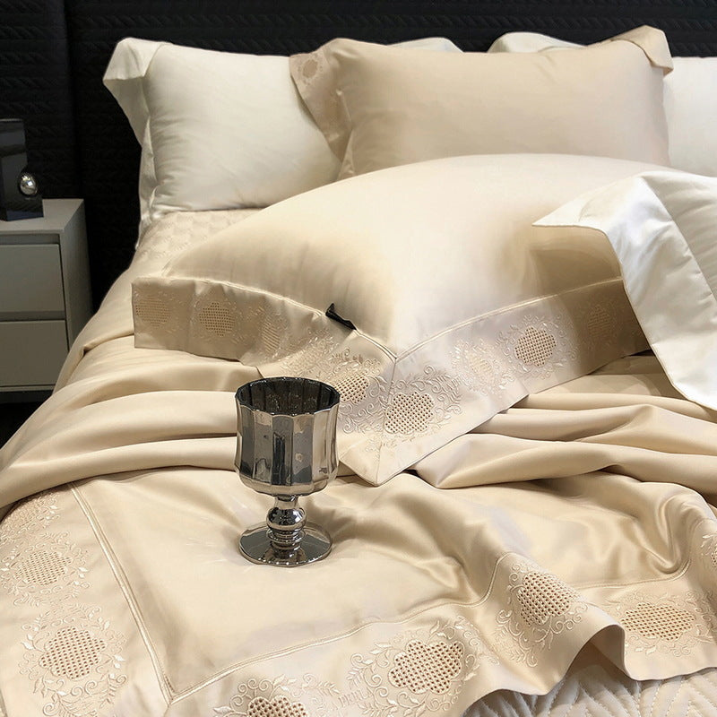High-gloss satin bed linen set with floral cutwork embroidery border