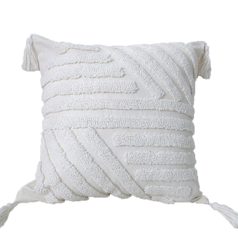 Boho Textured Tufted Cotton Throw Pillow with Diamond Geometric Tufting and Corner Tassels