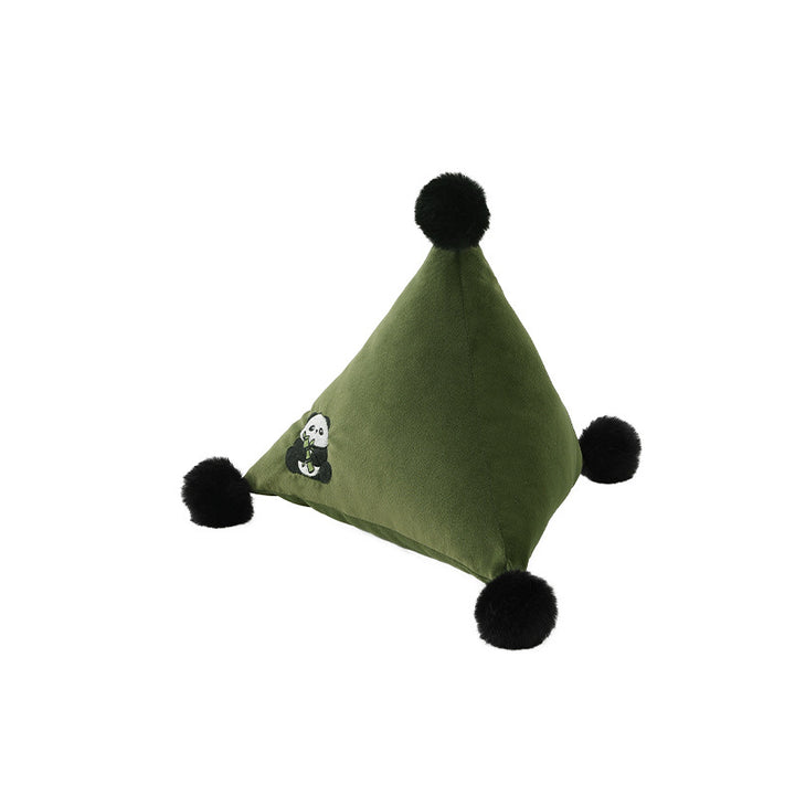 Pyramid-shaped triangle cushion with faux fur pom-poms and zebra embroidery