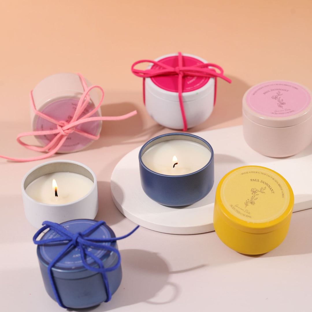 Scented Soy Candle Tin with Removable Lid and Decorative Suede Tie