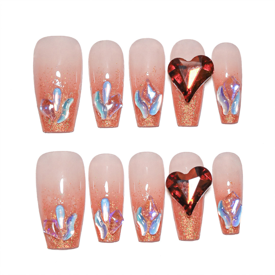Artistic acrylic nails with heart design and sparkling accents Kalsten