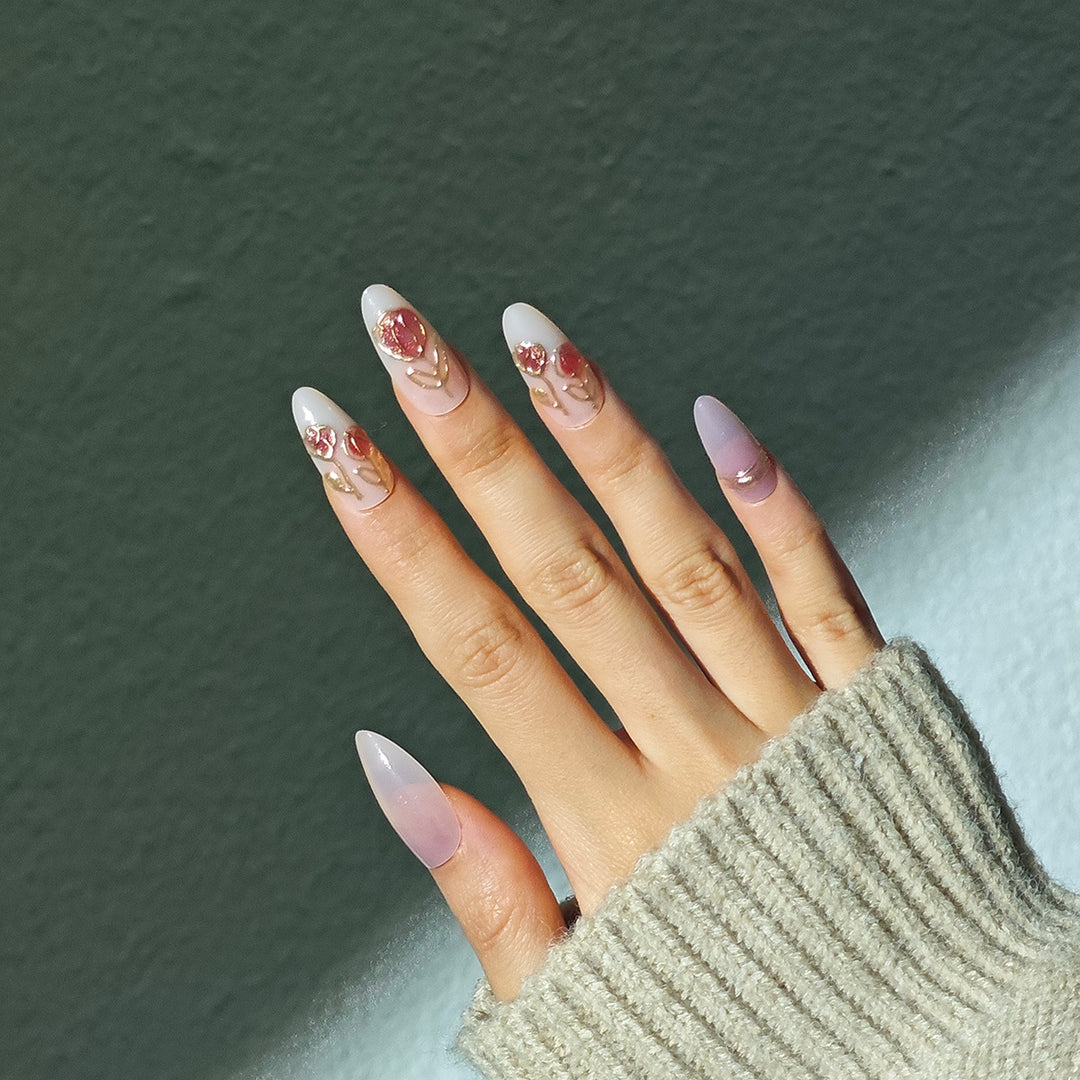 Elegant Stiletto Press-On Nail Set with Artistic Floral Design Kalsten