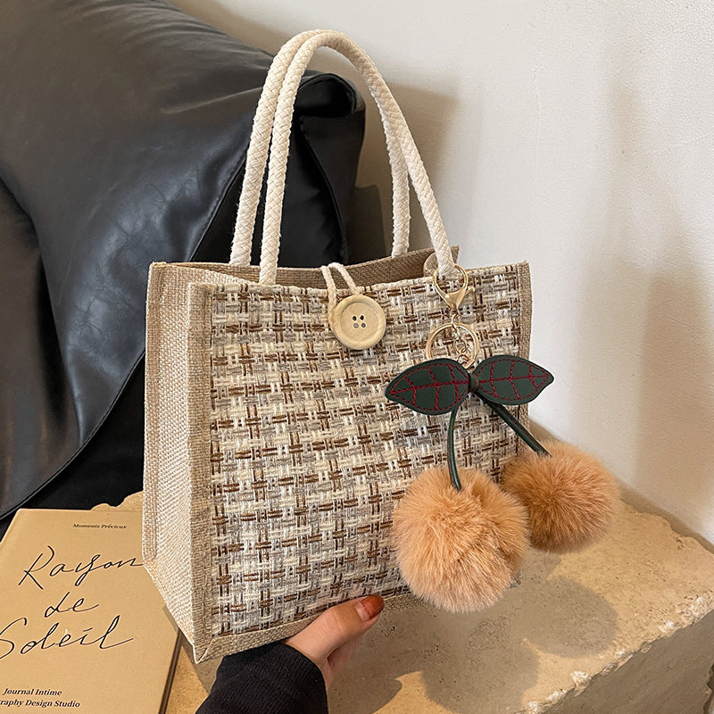 Bohemian Tote Bag with Decorative Pom Poms