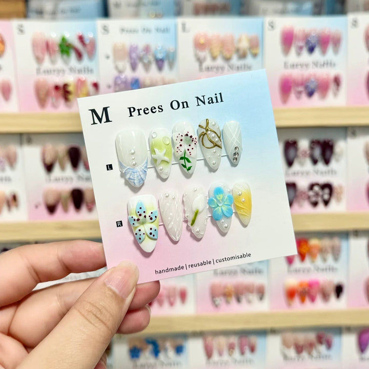 Artistic Press-On Nail Art Set with Floral and Gem Accents  1791774696