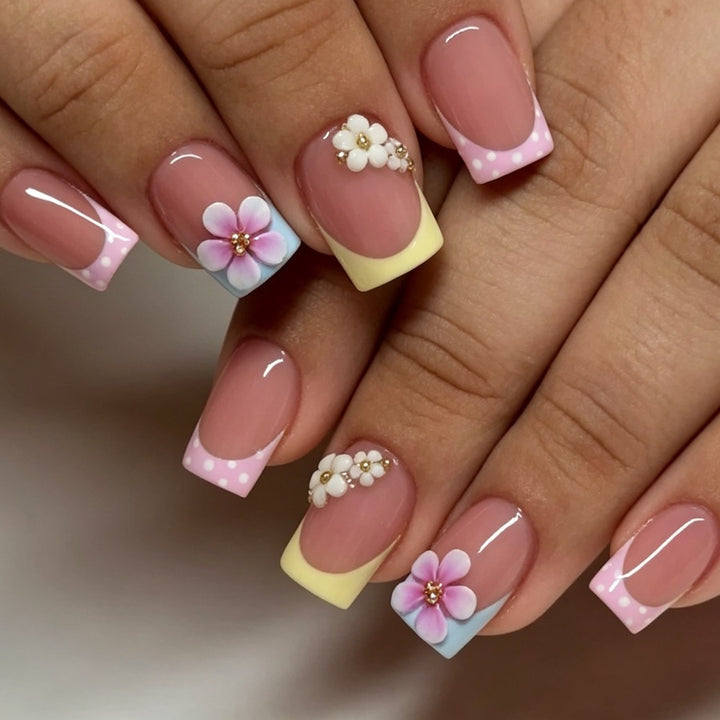 Acrylic nail set with floral accents and colorful tips Kalsten