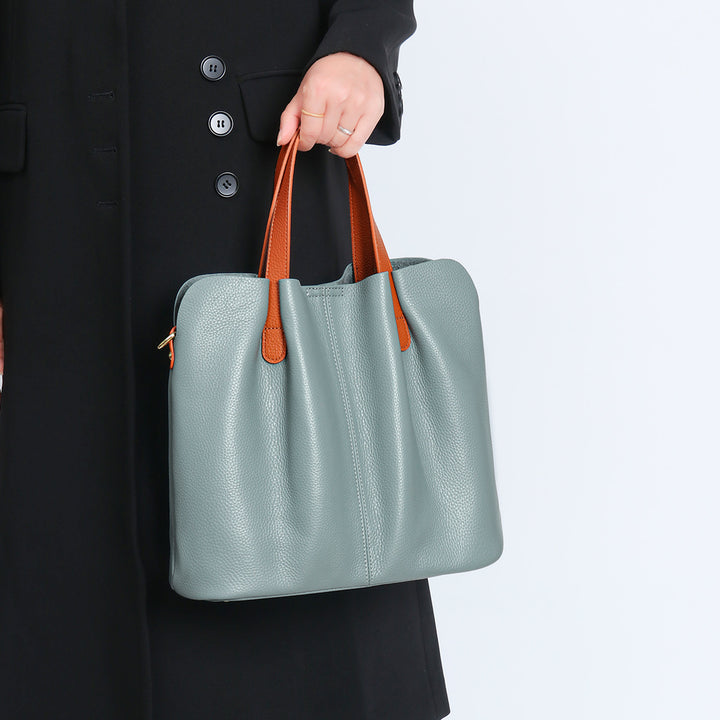 Pebbled Leather Work Tote with Contrast Top-Handles