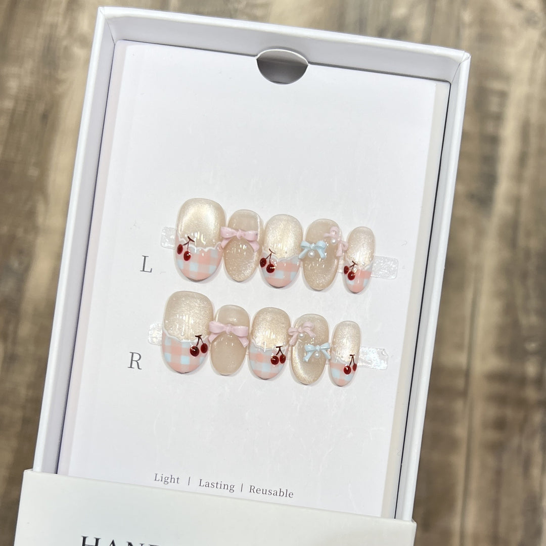Decorative Press-On Nail Art Set with Charming Bow and Cherry Accents Kalsten