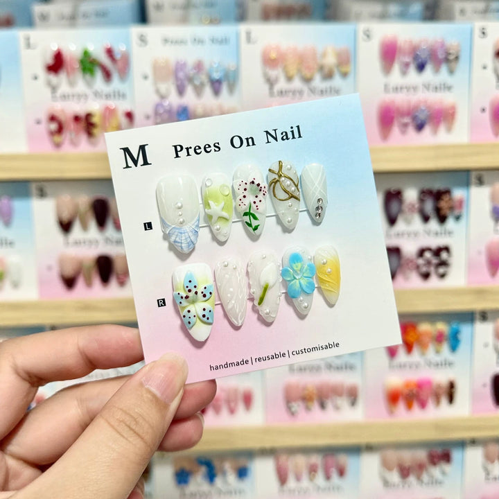 Artistic Press-On Nail Art Set with Floral and Gem Accents  1791774696