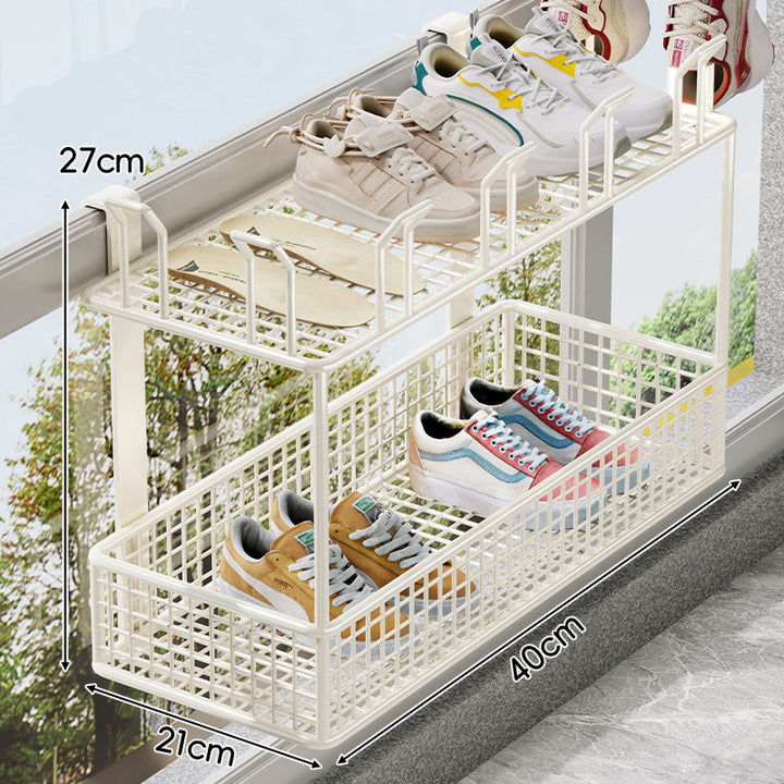 Over-Rail Balcony Shoe Drying and Storage Basket with Divided Mesh Compartments