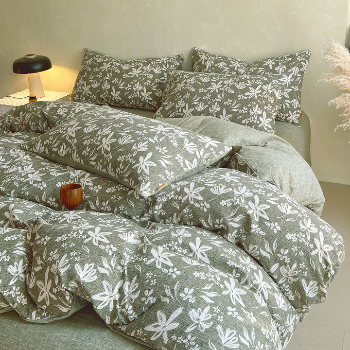 Floral Butterfly Duvet Cover Set With Brushed Cotton‑Blend Linen Texture And Corner Tie Pillowcase Ensemble