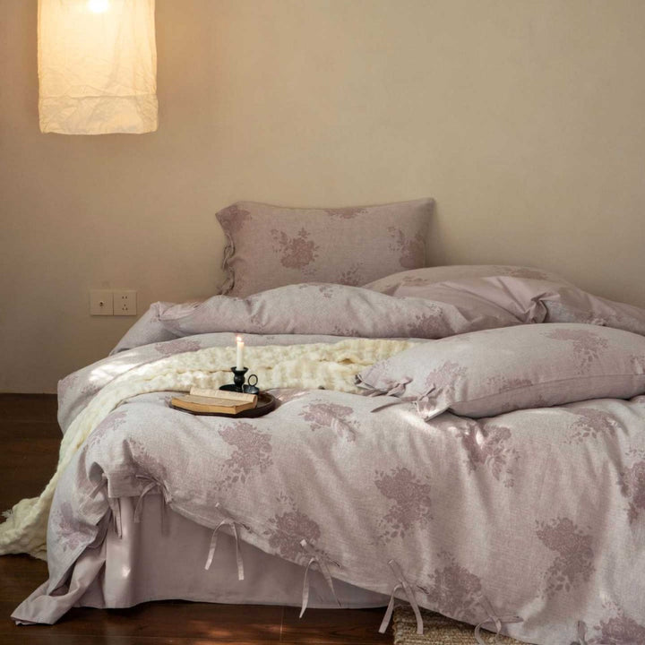 Bedding set made of linen look with floral jacquard weaving and decorative bows