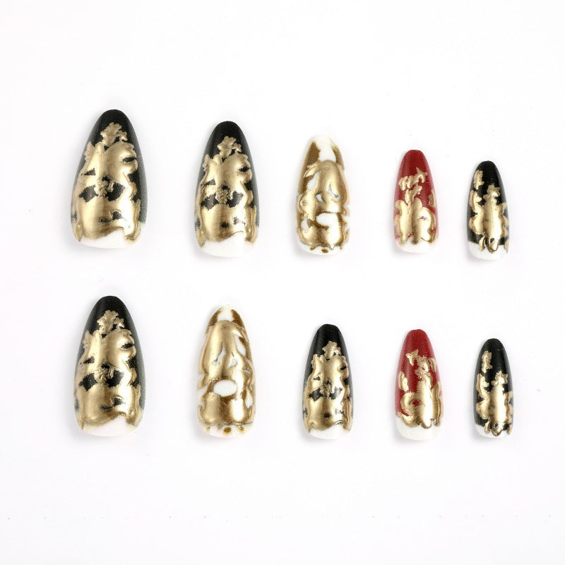 Elegant artificial nails with gold and black pattern Kalsten