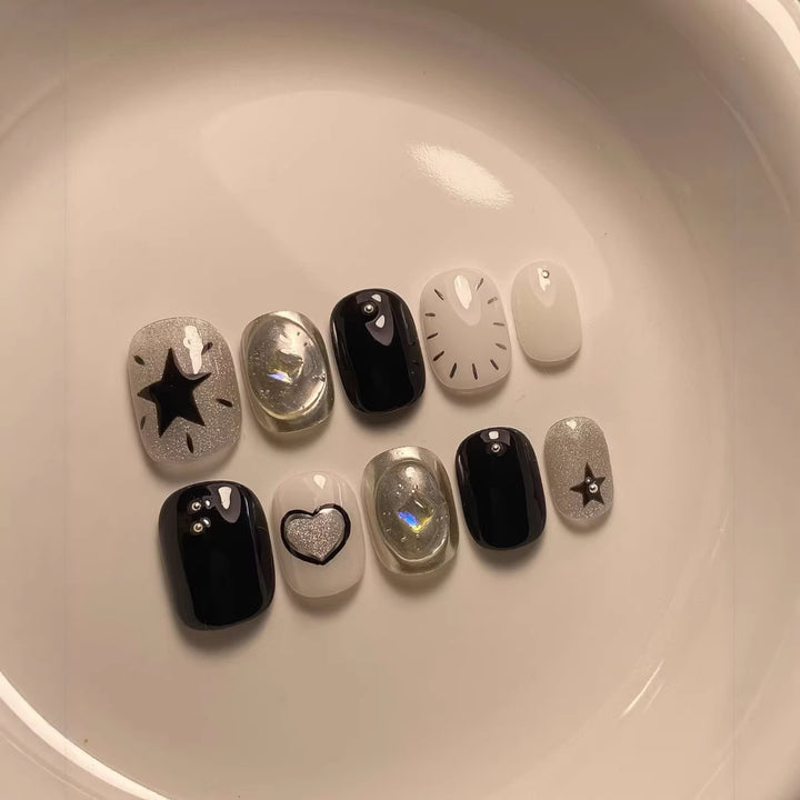 Artistic Press-On Nail Art Set with Geometric and Star Patterns