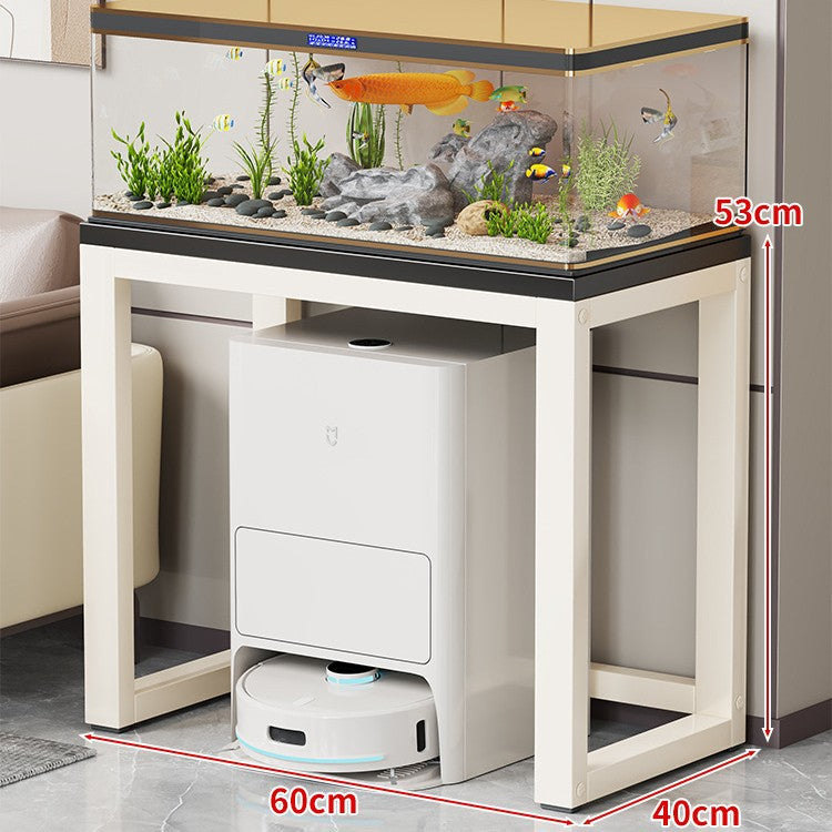 Gold Metal Aquarium Console Table with Faux Marble Top and Robot Vacuum Storage