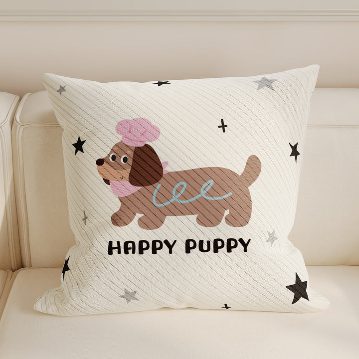 Cute Cartoon Puppy Knitted Throw Pillow Cover with Playful Happy Puppy Motif