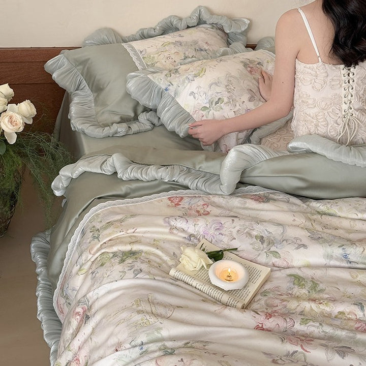 Luxury bed set with pleated ruffle, lace trim and floral watercolor print