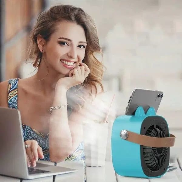 Unisex one size compact USB rechargeable personal mist cooler with adjustable grid air humidifier and leather carrying strap Kalsten