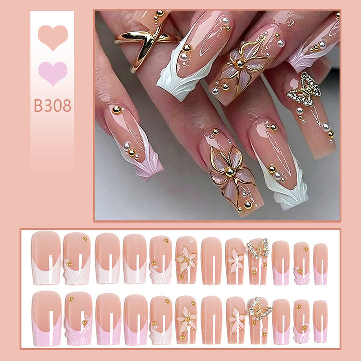 Artificial nail set with elegant floral and glitter decorations Kalsten
