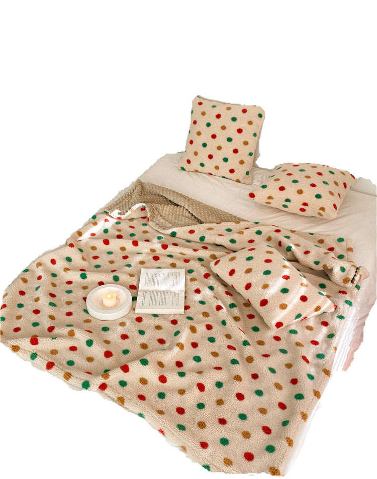 Cozy sherpa throw blanket with colorful dot appliqués and matching cushion cover
