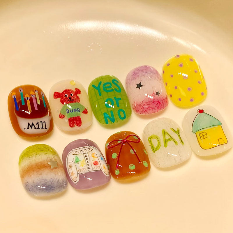 Artistic Cat-Themed Press-On Nail Art Set Kalsten