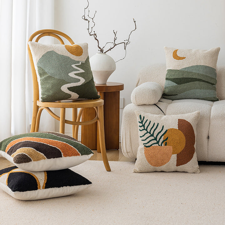 Hand-Tufted Abstract Geometric Loop-Pile Throw Pillow Cover with Hidden Zipper