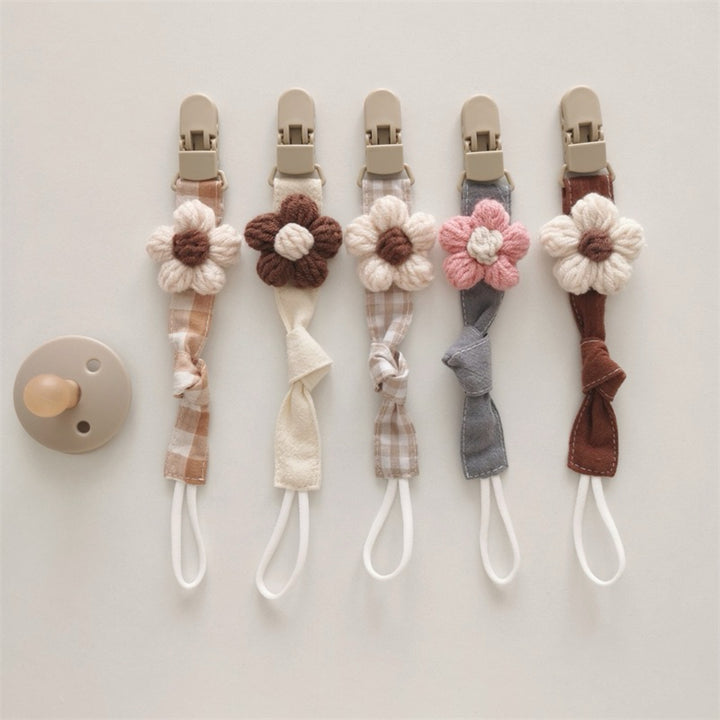 Organic Cotton Pacifier Leash with Quick-Release Clip and Hand-Knit Flower