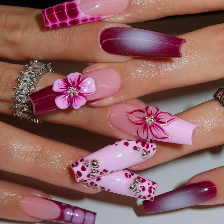 Floral 3D Art Press-On Nails with Gem Accents Kalsten
