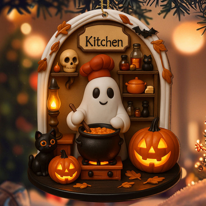 Hanging Halloween decoration pendant made of resin with ghost knitting and LED lighting