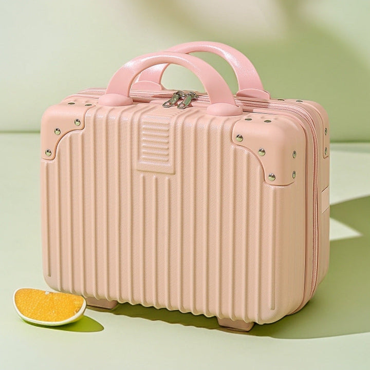 structured hard-shell vanity travel case with faux-leather corner reinforcements and dual top handles Kalsten