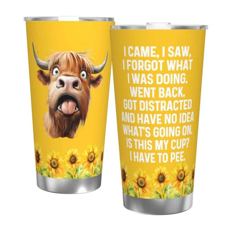 Double-Wall Vacuum Insulated Stainless Steel Travel Tumbler With Spill-Resistant Lid And Printed Cow Sunflower Design