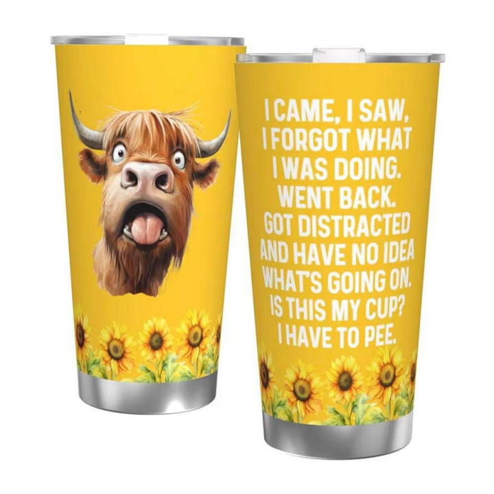Double-Wall Vacuum Insulated Stainless Steel Travel Tumbler With Spill-Resistant Lid And Printed Cow Sunflower Design
