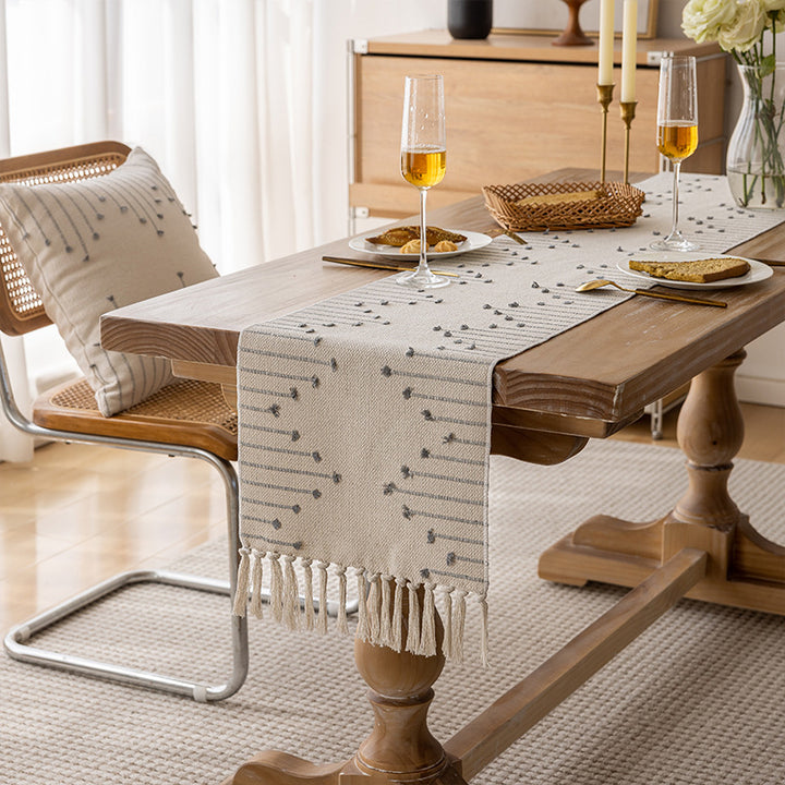 Handwoven Textured Cotton Tassel Table Runner for Dining and Console