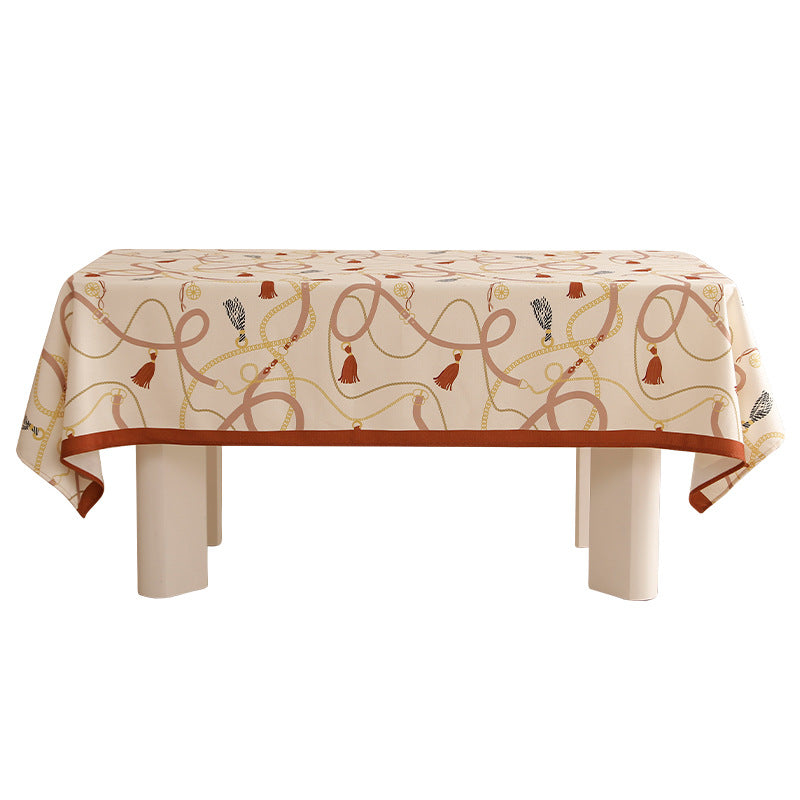 Rectangular decorative tablecloth with cord and tassel pattern as well as contrasted hem edge Kalsten