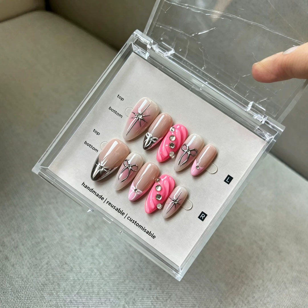 Artistic Press-On Nail Art Set with Gem Details