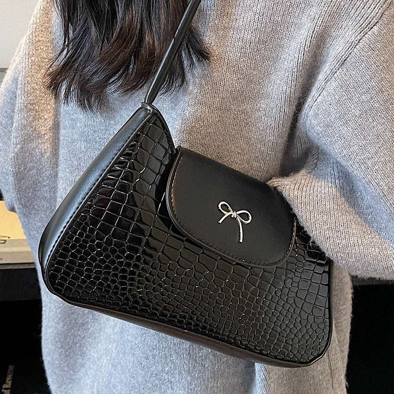 Crocodile-Textured Shoulder Handbag
