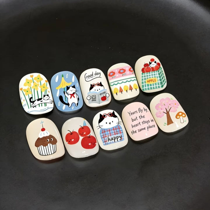 Artistic Cat-Themed Press-On Nail Art Set Kalsten