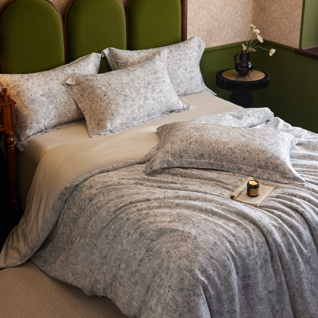 Premium cotton satin bedding set with watercolor wildflower print and extra soft satin finish